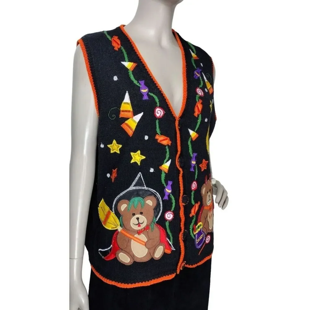 Vintage Halloween Devil Witch Star Moon Candy Corn Knit Holiday Grandma Vest NEW